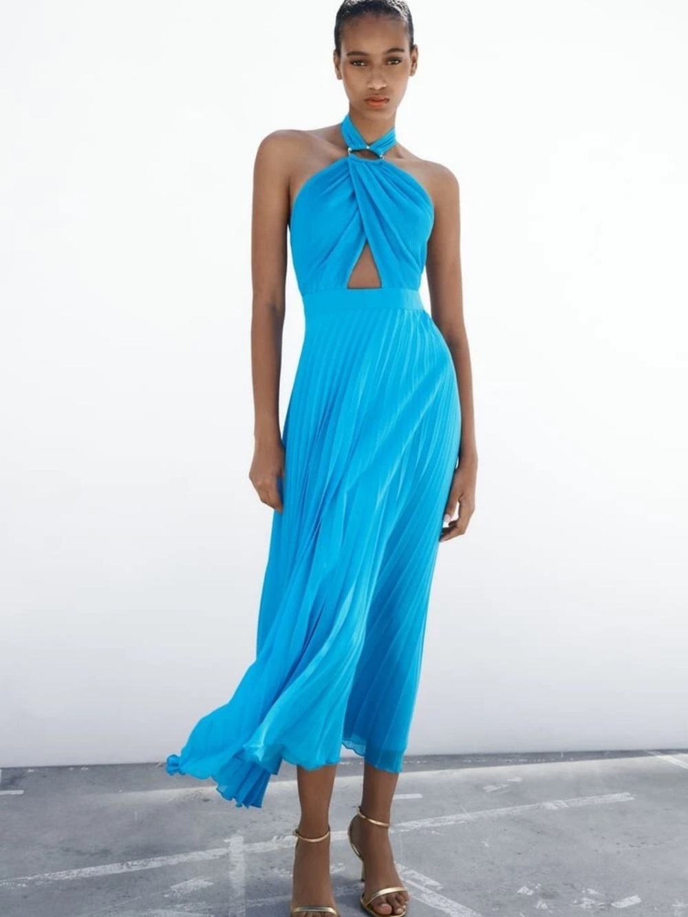 Zara Turquoise Halter Pleated Maxi Dress